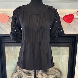 Loft Black‎ Pintuck Blouse with Crochet detail XXS Petite